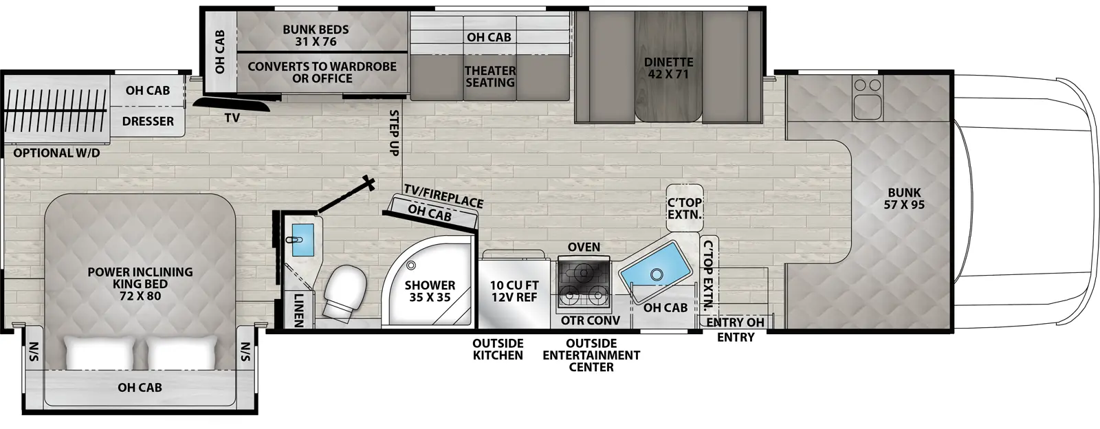 The 340BH has 2 slideouts and 1 entry. Exterior features an outside kitchen and outside entertainment center. Interior layout front to back: front cabover bunk; off-door side slideout with dinette, theater seating with overhead cabinet, and bunk beds with overhead cabinet that converts to wardrobe or office space, and a TV facing the rear bedroom;  door side entry, kitchen countertop with extension, sink, overhead cabinet, oven, convection microwave above, 12V refrigerator, and angled TV/fireplace with overhead cabinet along inner wall; door side full bathroom with linen closet; rear bedroom with off-door side dresser, overhead cabinet, and wardrobe with optional washer/dryer, and door side slideout with power inclining king bed, overhead cabinet, and nightstands on each side.